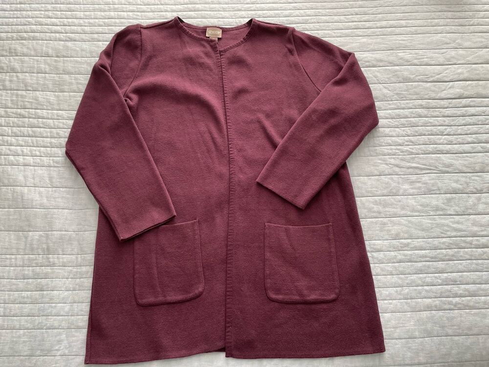 Chico's Size 2 12 Large Cardigan Womens Plum Open Front Pockets 100% Cotton K10